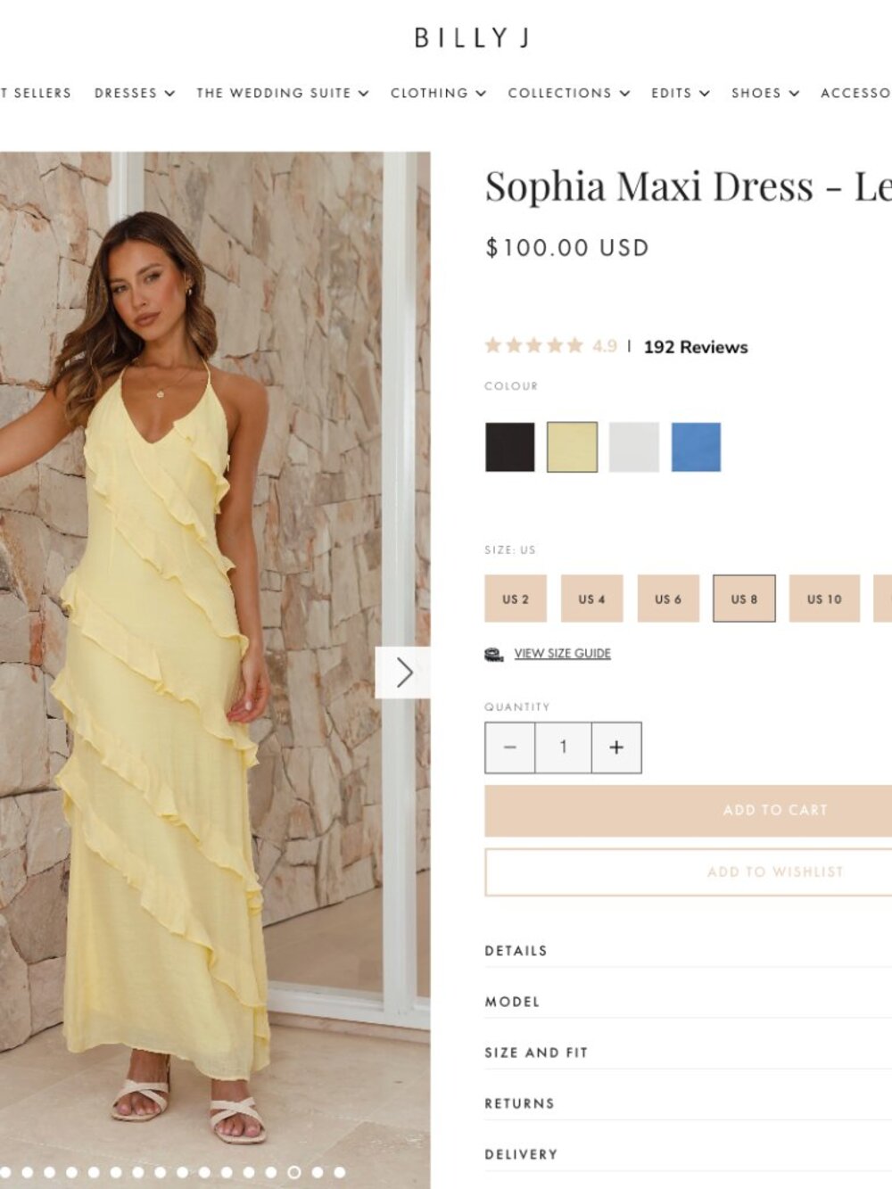 Billy J Boutique Sophia Maxi Dress Lemon Yellow Size 8 NWT Formal Wedding Guest
